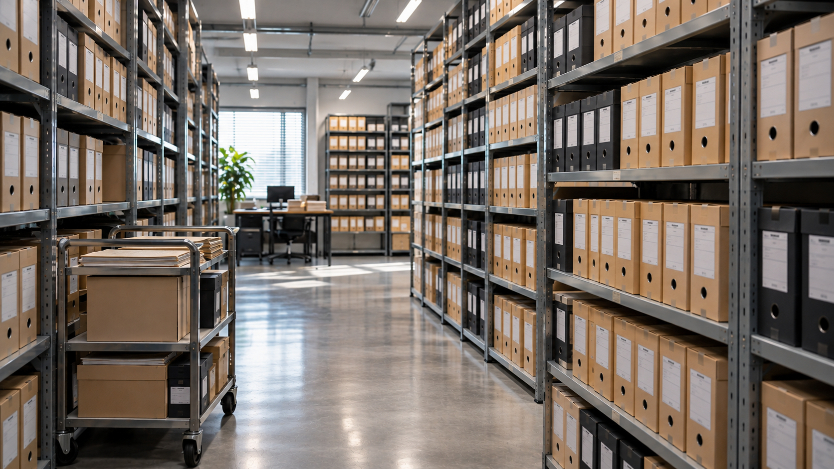 Guarda de documentos empresariais em arquivo organizado com caixas identificadas.