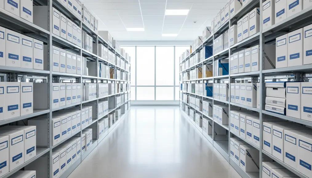 Caixas de documentos empresariais organizadas em estantes de arquivo