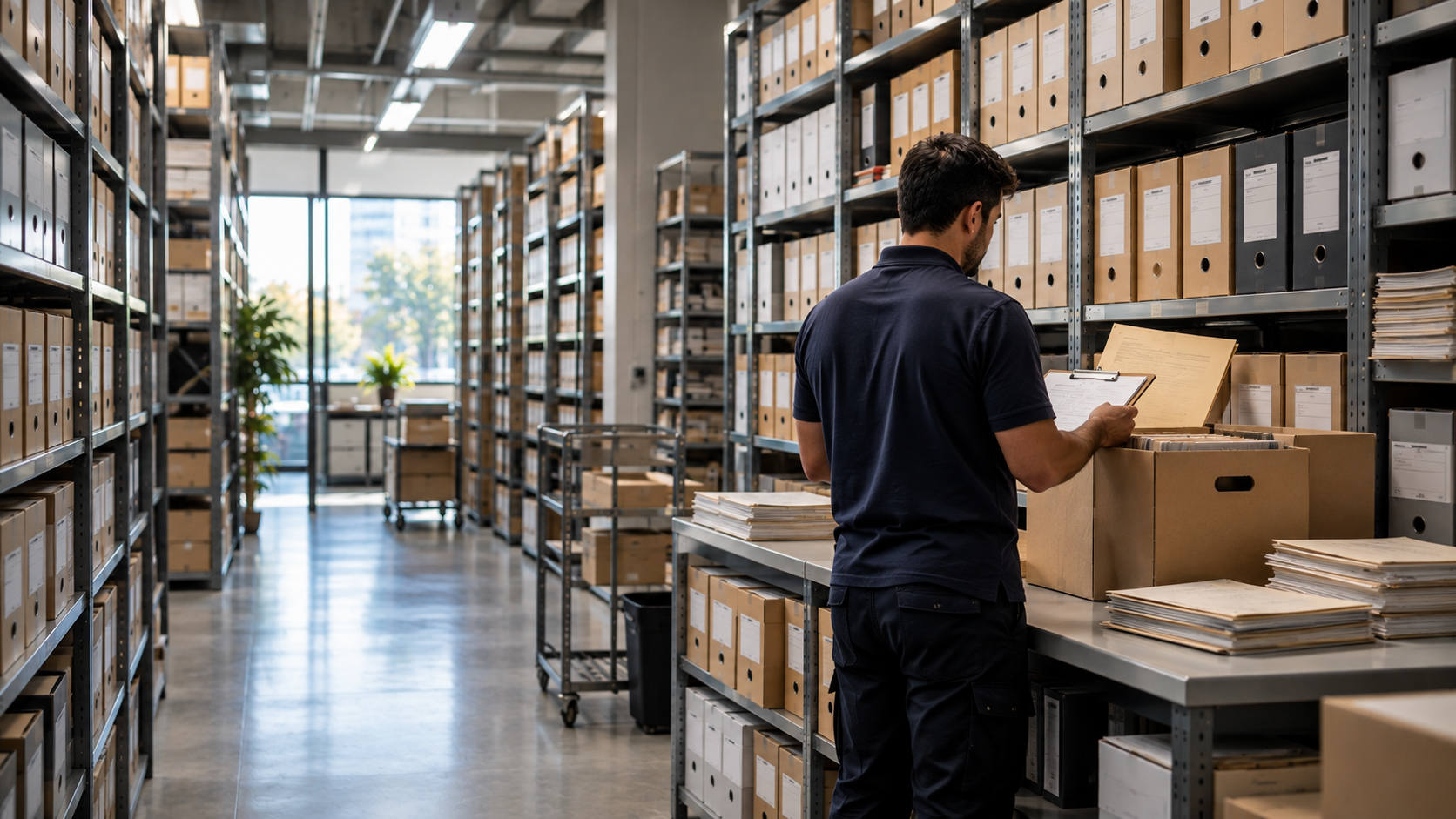 Caixas de documentos empresariais armazenadas em estrutura de guarda documental